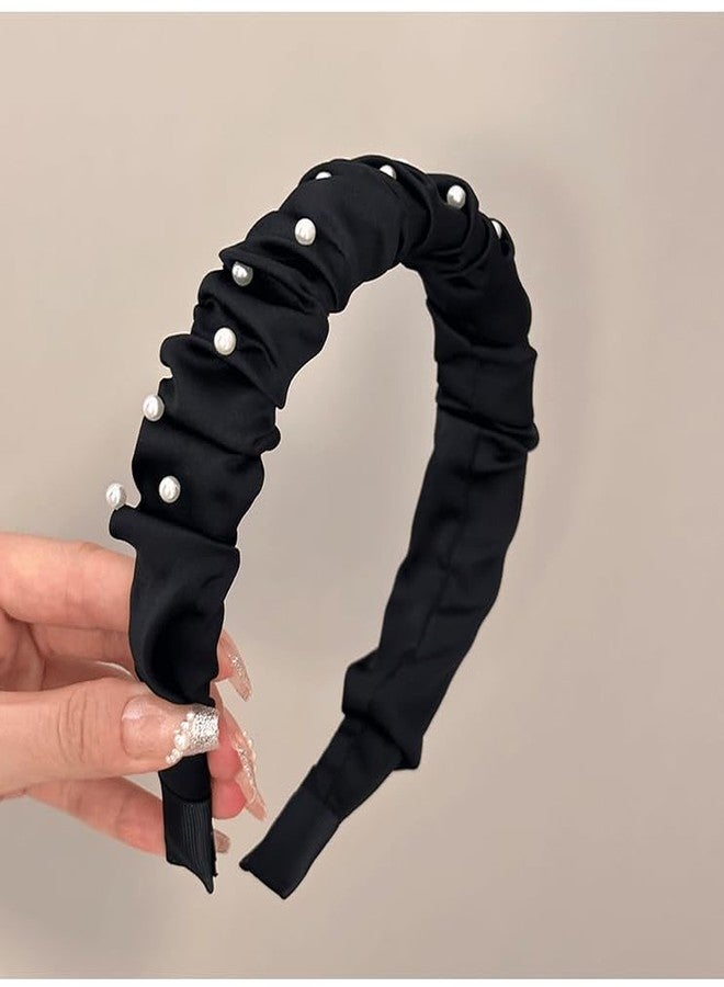 Ceoyiler Black Headband, Fashion Satin Pearl Headband for Women,Cute Vintage Designer Black Hair Accessories for Women and Girls - Image 2